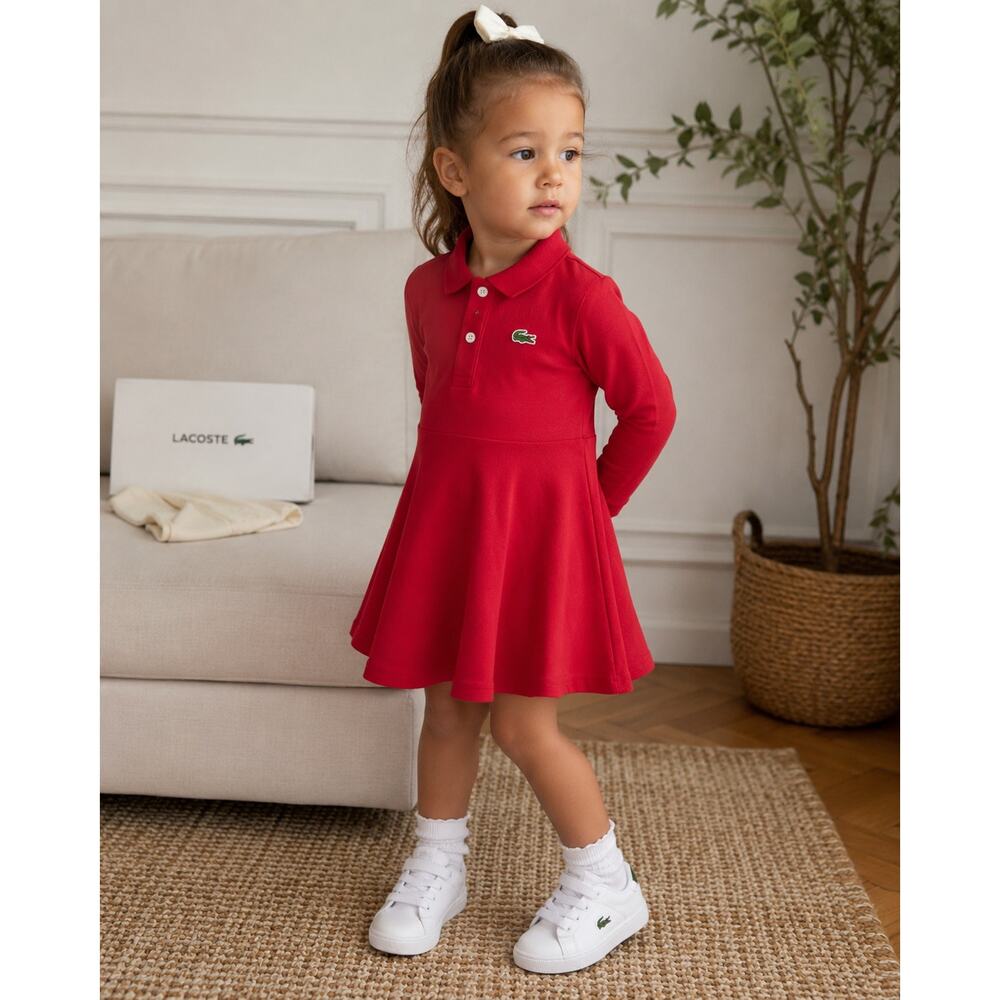 Lacoste Girls Red Long Sleeve Polo Dress Size 2 Preppy Tenniscore